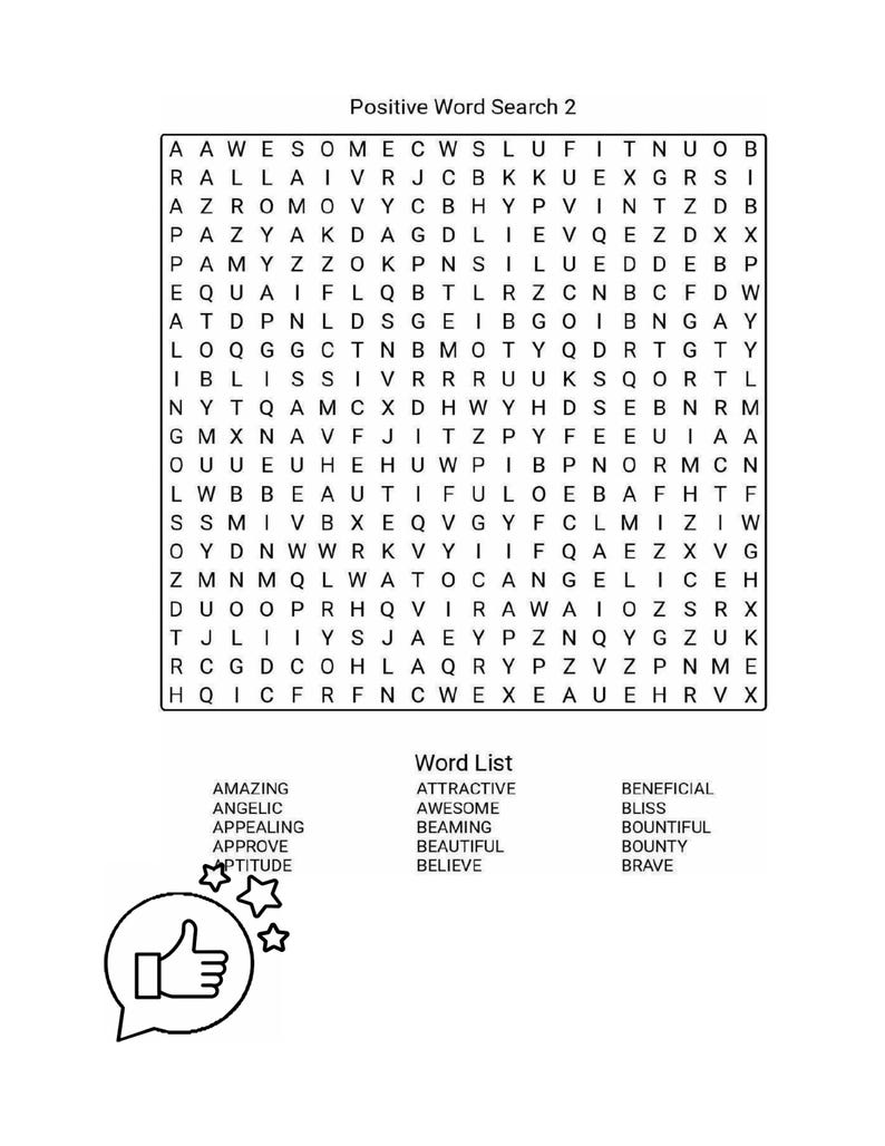 May include: A word search puzzle titled "Positive Word Search 2" with a grid of letters and a word list. The words include "Amazing," "Attractive," and "Beneficial." A thumbs-up icon is in the bottom left corner.