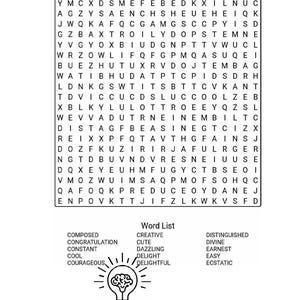 May include: A black and white word search puzzle titled "Positive Word Search 4" with a list of positive words and an illustration of a lightbulb with a brain inside.