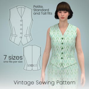 Puede incluir: Un chaleco verde menta con un estampado de hojas, cierre de botones y bolsillos. La imagen también muestra un dibujo lineal de un chaleco y el texto "Petite, Standard and Tall fits" y "7 sizes". El texto "Vintage Sewing Pattern" está en la parte inferior.