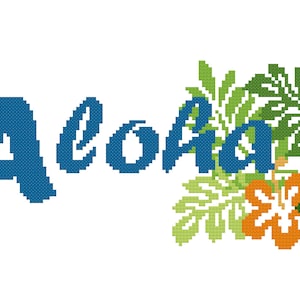 May include: Blue cursive text that reads "Aloha" with a green, orange, and pink hibiscus flower design.