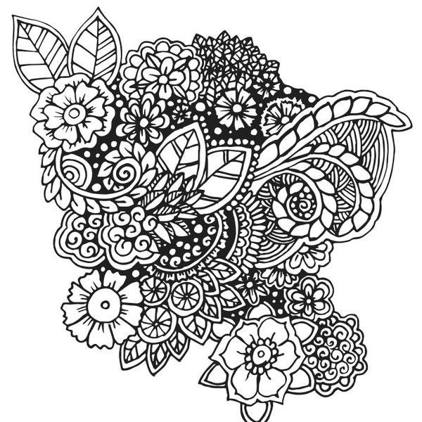 Adult Coloring Page, flowers and leaves, instant download, Zentangle-inspired