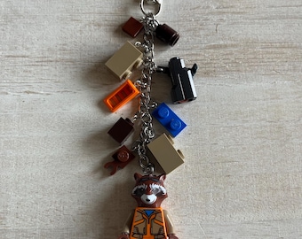 Rocket Raccoon Keychain with Authentic Bricks Used as Charms