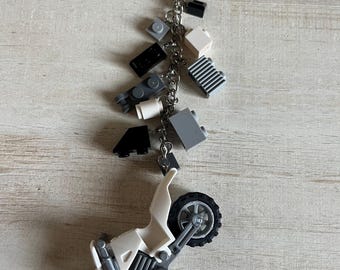 White and Grey Motorcycle / Dirt Bike Keychain with Authentic Bricks Used as Charms