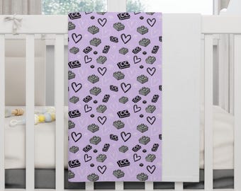 Purple and Grey Heart and Brick, LEGO Inspired Fleece Baby Blanket