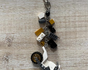 White and Gold Motorcycle Keychain with Authentic Bricks Used as Charms