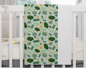 Green and Yellow, Brick and Flower, LEGO Inspired Fleece Baby Blanket