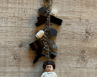 Princess Leia Keychain with Authentic Bricks Used as Charms