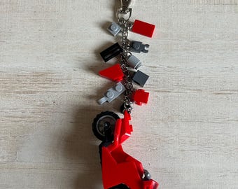 Red Motorcycle Keychain with Authentic Bricks Used as Charms