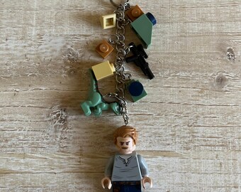 Owen Grady and Baby Dinosaur Keychain with Authentic Bricks Used as Charms