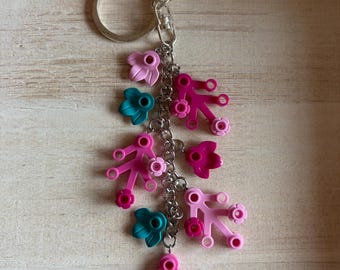 Pink and Turquoise Flower Bag Charm with Authentic Bricks Used as Charms