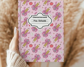 Journal de composition personnalisé pour enseignant - Crayon rose et motif de noeud