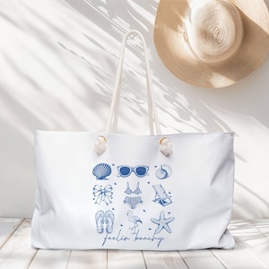 Feelin Beachy Weekender Bag  Coastal Summer Tote with Nautical Icons, Beach Travel Bag, Rope Handle Oversized Bag, Vacation Gift for Her