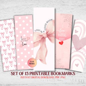 15 Printable Coquette Bookmarks | Pink Bows, Florals, Hearts | Reading Accessories | Bookmark Bundle | Instant Digital Download