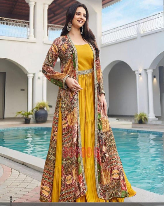 Luxury Gown With Embroidered Bohemian Jacket  Designer Indo-western Fusion  Outfit for Weddings & Parties - Etsy
