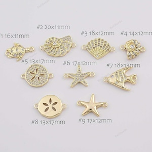 Conectores chapados en oro de 18 quilates, estrella de mar, dólar de arena, concha, caracol, almeja, nautilo, tortuga marina, caracol marino, pez ángel, ostra, playa, verano, amuletos pavé