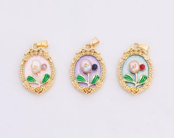 Flower Charm 21x30mm enamel with real freshwater pearls 18K Gold Filled Charm Bar Bracelets and Necklaces Gold Pave CZ Charms