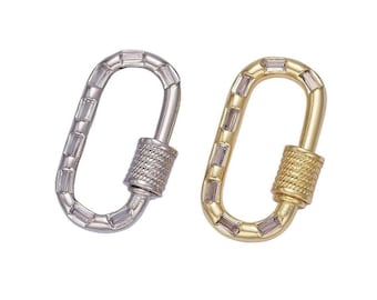 18K gold filled carabiner screw lock cz baguette lined oval clasp for charm holder finding supply in gold & silver | z450 23x13mm