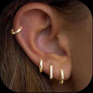 Set med guldfyllda hoopsörhängen, 8 st, set med hoopsörhängen, 14K guldfyllt, stämplat, 1420GF, 4 par per beställning, hypoallergena örhängen, stapel