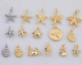 May include: Collection of gold and silver-toned sea-themed charms. Includes starfish, shells, and a crab. Some charms have a small loop for attaching to jewelry. Ideal for crafting or jewelry making.