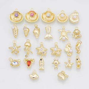 Sea shell ocean beach summer nautical charms fish crab lobster turtle 18k Gold Filled Charm Bar Bracelets Necklaces Pave CZ Charms