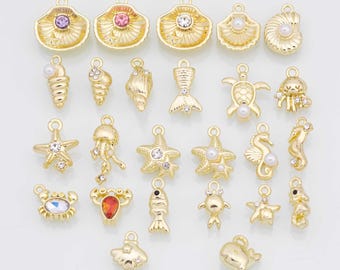 Sea shell ocean beach summer nautical charms fish crab lobster turtle 18k Gold Filled Charm Bar Bracelets Necklaces Pave CZ Charms