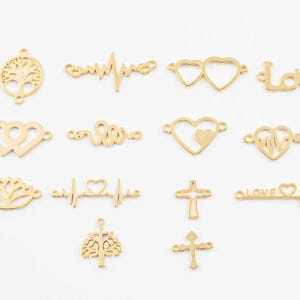 Connettori riempiti in oro 18K per ciondoli per gioielli permanenti, connettori per braccialetti, cuore, albero della vita, battito cardiaco, amore, serpente, loto, croce, battito cardiaco