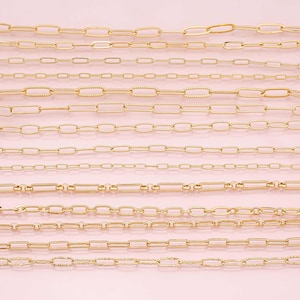 Selección de cadenas con clip de papel, cadena suelta sin terminar rellena de oro de 18 quilates para pulseras y collares, cadena con dije de barra cortada a medida