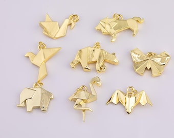 18K gold filled simple paper origami charms dove swan lion bear elephant butterfly bat flamingo minimalist charm
