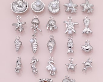 Silver Sea shell ocean beach summer nautical charms fish crab lobster turtle 18k Gold Filled Charm Bar Bracelets Necklaces Pave CZ Charms