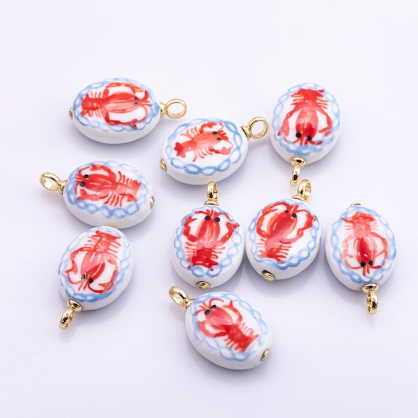 Ceramic Lobster charm Double-Sided Hand Painted handmade ceramic porcelain vintage charm for necklace bracelet jewelry making supply