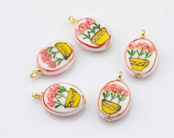 Bloempot Roos bedel dubbelzijdig handgeschilderd handgemaakt keramisch porselein vintage bedel voor ketting armband sieraden maken levering