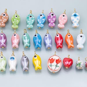 Colorful ceramic fish charm handmade painting ceramic porcelain animal flower vintage charm fnecklace bracelet jewelry making supply heart
