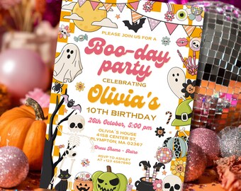 May include: A Halloween-themed invitation with the text "Boo-day party" in pink and orange. The invitation includes illustrations of ghosts, pumpkins, and a skeleton. The event celebrates Olivia's 10th birthday on October 26th.