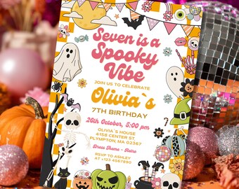 May include: A retro-themed Halloween birthday party invitation with the text "Seven is a Spooky Vibe." The invitation features illustrations of ghosts, pumpkins, bats, and a skeleton. The date and time are also included.