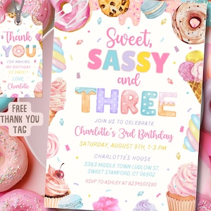 Op de afbeelding: Een verjaardagsuitnodiging met een kleurrijk ontwerp met donuts, ijs en de tekst "Sweet, Sassy, and THREE." Inclusief een bijpassend bedanklabel met de tekst "Thank You."