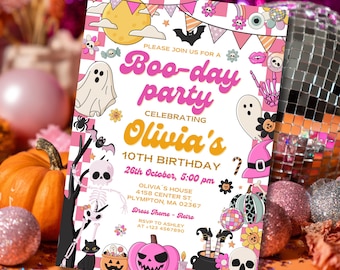 May include: A pink and white Halloween party invitation with the text "Boo-day party" and "Olivia's 10th Birthday". The invitation features retro-style illustrations of ghosts, pumpkins, and a witch's hat.