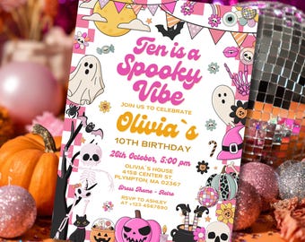 May include: A retro-themed Halloween party invitation with the text "Ten is a Spooky Vibe." The invitation features a pink and white color scheme with illustrations of ghosts, pumpkins, and a witch's hat. The invitation is for Olivia's 10th birthday.