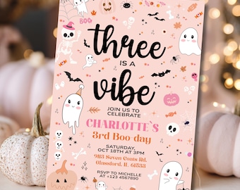 Editable Three is a Vibe Halloween 3rd Girl Birthday Invitation, Cute Pink Ghost Invite, Spooktacular Party, Digital Download Canva Template