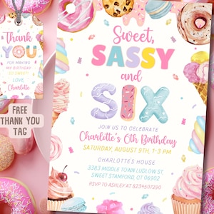 Sweet Sassy Six 6th Girl Birthday Invitation, Candy Land Invite, Sweets Candy Donut Watercolor Desserts, Instant Download, Canva Template