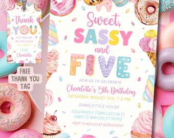 Sweet Sassy Five 5th Girl Birthday Invitation, Candy Land Invite, Donut Watercolor Desserts