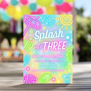 Editable Pool 3rd Birthday Party Invitation, Neon Tie Dye Summer Dive Three Swim Splash Pad Invitation, Canva Template
