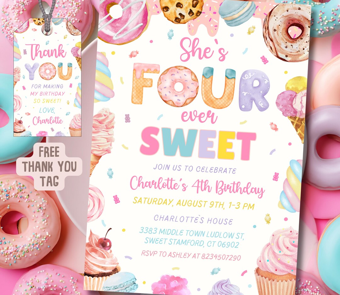 First Ever Sweet Four Ever Sweet 4th Girl Birthday Invitation, Candy Land Invite, Donut ...