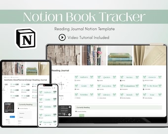 May include: A computer screen displaying a Notion template for a reading journal. The template includes sections for authors, goals, wishlists, quotes, favorites, series, evaluations, genres, to-be-read, library, monthly reading, yearly reading, and currently reading. The template is designed with a light green and white color scheme.
