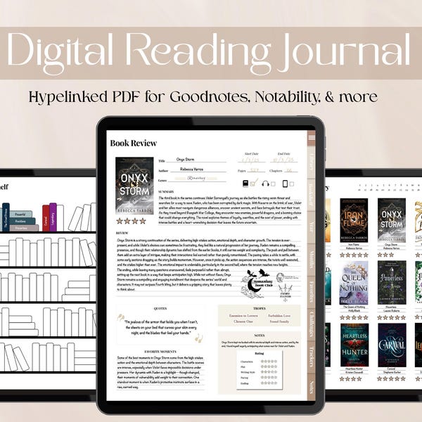 Aesthetic Digital Reading Journal Goodnotes Notability PDF Book Tracker Reading Log Digital Bookshelf Reading Planner iPad Book Review Log
