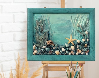 Panel de pared 3D con forma de concha marina – Arte costero – Escena submarina turquesa – Decoración oceánica enmarcada con estrellas de mar – Regalo playero único – Decoración náutica para el hogar