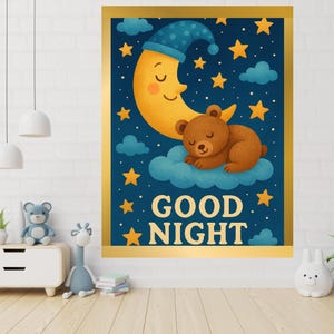 Póster de buenas noches para habitación infantil, descarga digital, arte de pared para guardería, ilustración de fantasía para la hora de dormir, póster para la hora de dormir, dormitorio de bebé y niño pequeño