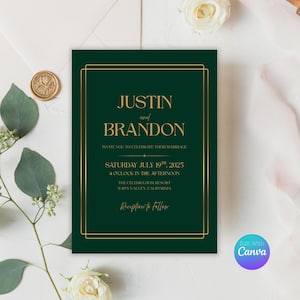 Grün-Goldhochzeits-Einladungs-Vorlage | Bearbeitbare Hochzeit Leinwand Einladen | Elegante bedruckbare Einladung | LGBTQ Hochzeit einladen | Fröhliche Hochzeit