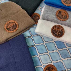 Personalized State Beanie Hat, Custom Laser Engraved Faux Leather Patch (Made to Order)