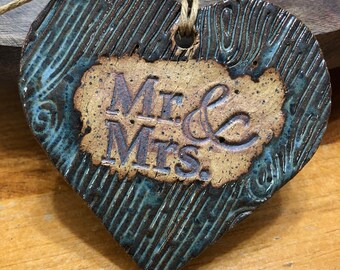 Handmade Ceramic Heart Mr & Mrs Wedding Engagement Ornaments Valentine