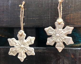 Pair Handmade Ceramic Snowflake Ornaments